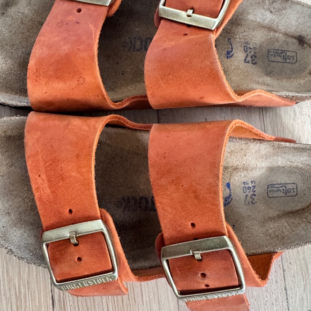 Vibrant Orange Suede BIRKS with gold buckle